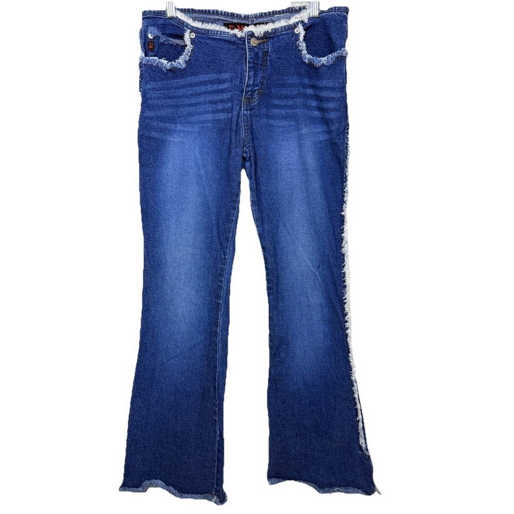Vintage Y2K Mudd Flare Jeans Sz 7 Frayed Raw Hem Low Rise Stretch Boho Festival